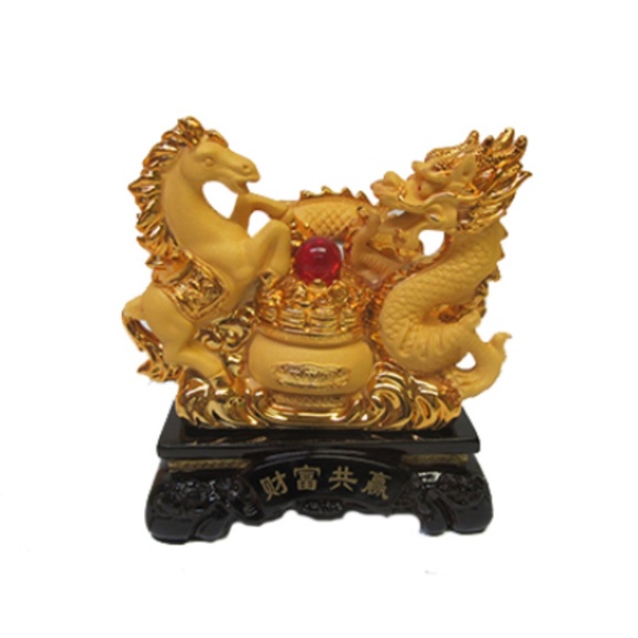 Feng Shui Chinese Golden Dragon & Horse with treasure pot Statue on baseFgurin